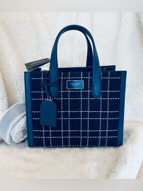 Kate Spade Manhattan denim check Navy Plaid Tote NWT spring summer bag